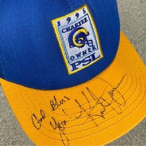 Vtg Kurt Warner Signed 1995 Rams Charter Owner PSL Blue Gold Snapback Hat USA